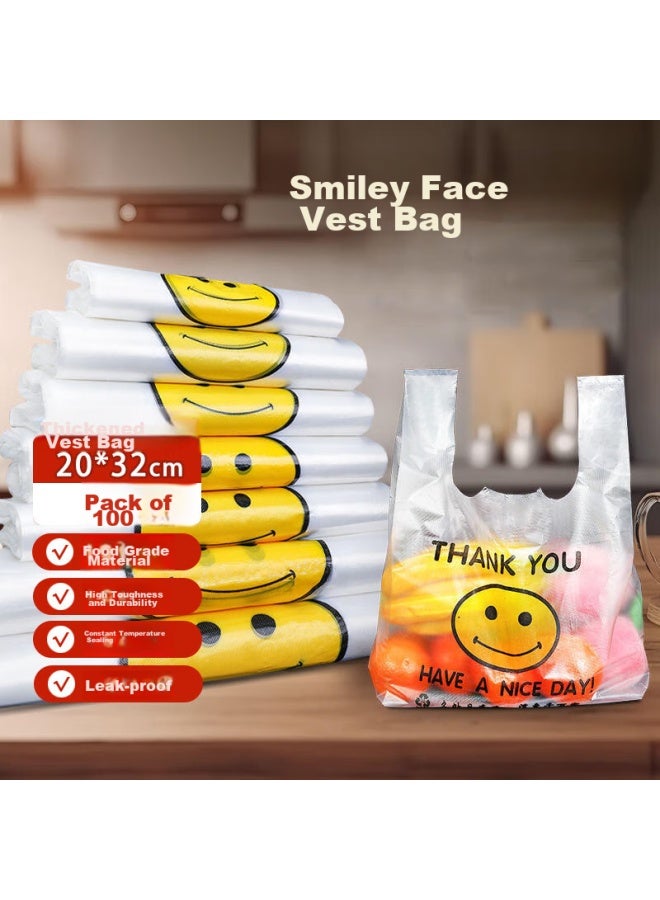 Jiachi Smiley Face Vest Bags, 20*32cm, 100 Pieces, Supermarket Handheld Food Shopping Bags, Plastic Bags, Fresh-keeping Bags - Image 1