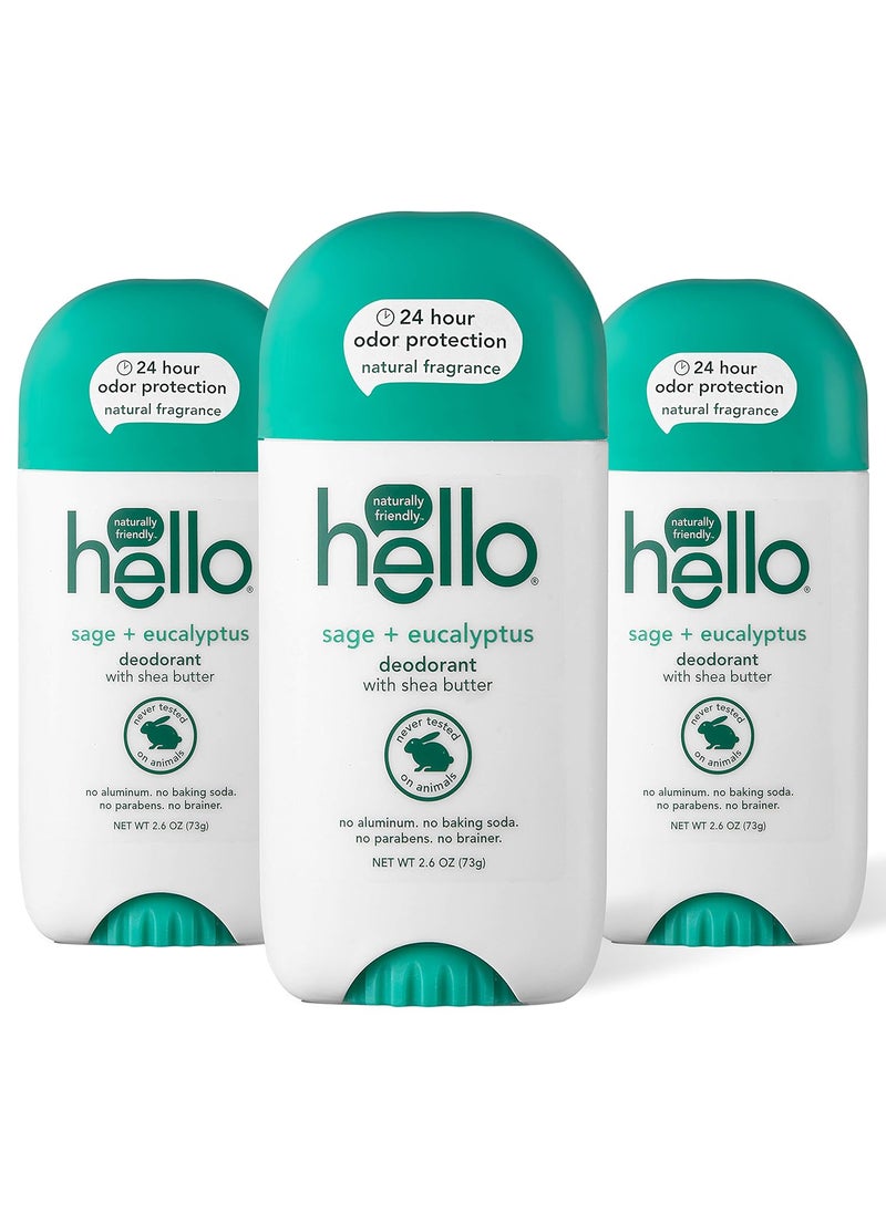 Hello Hello White Deodorant With Shea Butter for Women Men 24 Hour Odor Protection No Aluminum Baking Soda Vegan Parabens Free 2.6 Oz 3, Sage + Eucalyptus, 1 Count 