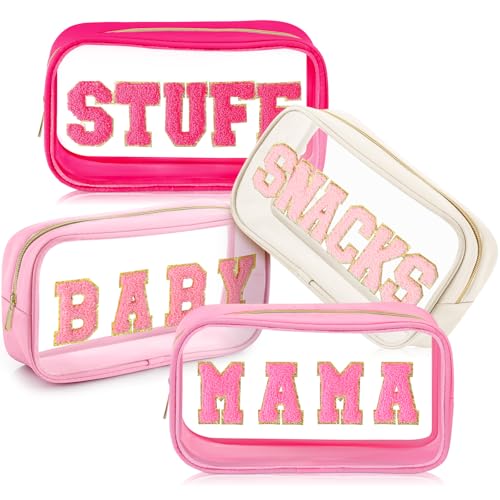 SilTriangle 4 Pcs Mama and Baby Toiletry Bag Clear Chenille Letter Diaper Bag Pouch Snacks Makeup Stuff Travel Preppy Transparent Pouch with Zipper for Women GiftBright Color - Image 1