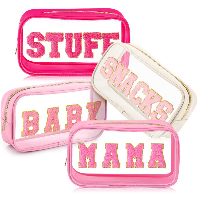 SilTriangle 4 Pcs Mama and Baby Toiletry Bag Clear Chenille Letter Diaper Bag Pouch Snacks Makeup Stuff Travel Preppy Transparent Pouch with Zipper for Women GiftBright Color - Image 2