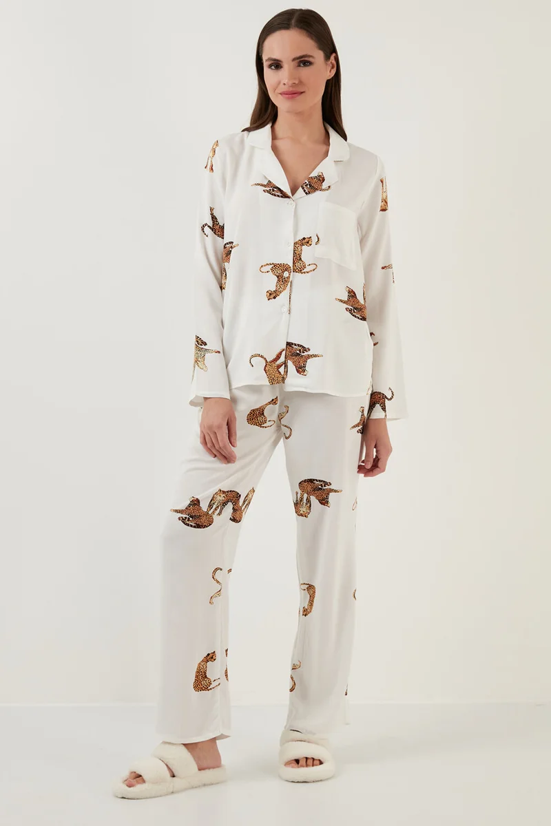 Lela Patterned Waist Elastic Pocket Detailed Shirt Collar Woven Pajama Set Women's Pajama Set 6110116
