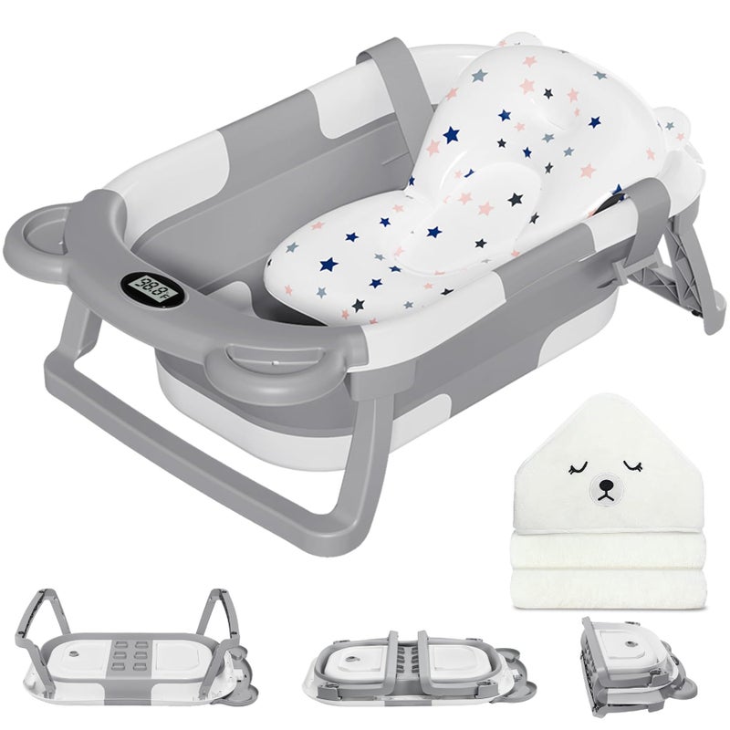 MoreFeel Collapsible Baby Bathtub for Newborn with Thermometer 1 Hooded Towel 1 Soft Floating CushionPortable Travel Bathtub with Drain Hole Durable Foldable Baby Tubs for Infants to Toddler
