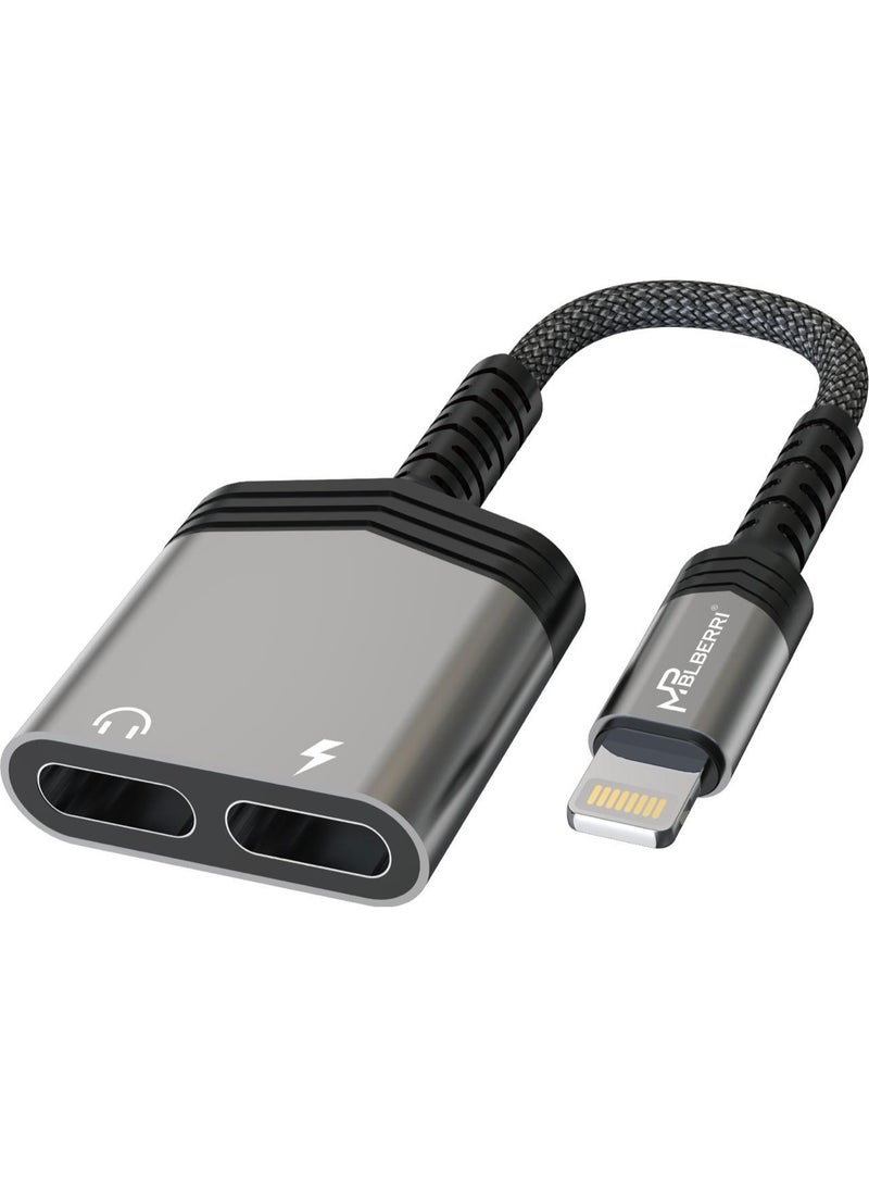 MP BLBERRI Lightning to 3.5mm Audio & Charging Adapter 2-in-1 – iPhone Headphone Jack Splitter with Lightning Charging Port for iOS Devices – BLB-OT561