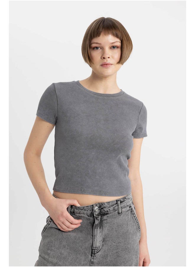 DeFacto - Woman Fitted Crew Neck Knitted Short Sleeve T-Shirt - Image 1