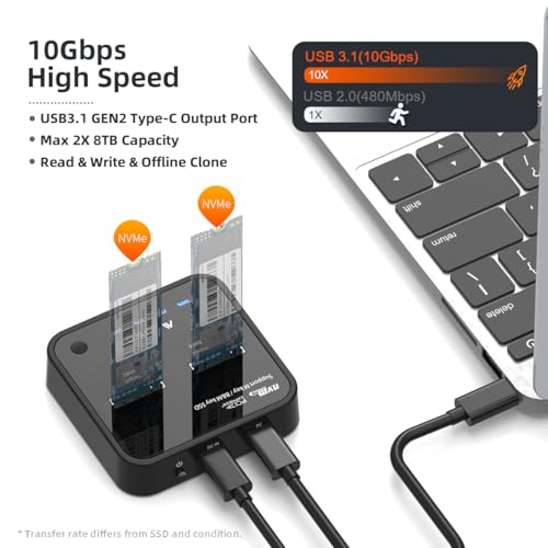 MAIWO ناسخ SSD NVMe M.2 من MAIWO، محول USB3.1 GEN2 إلى SSD NVMe M.2، محطة توصيل مزدوجة لناسخ SSD NVMe مع UASP، كابل USB مزدوج بسرعة 10Gbps، محول طاقة 5V 3A - Image 3