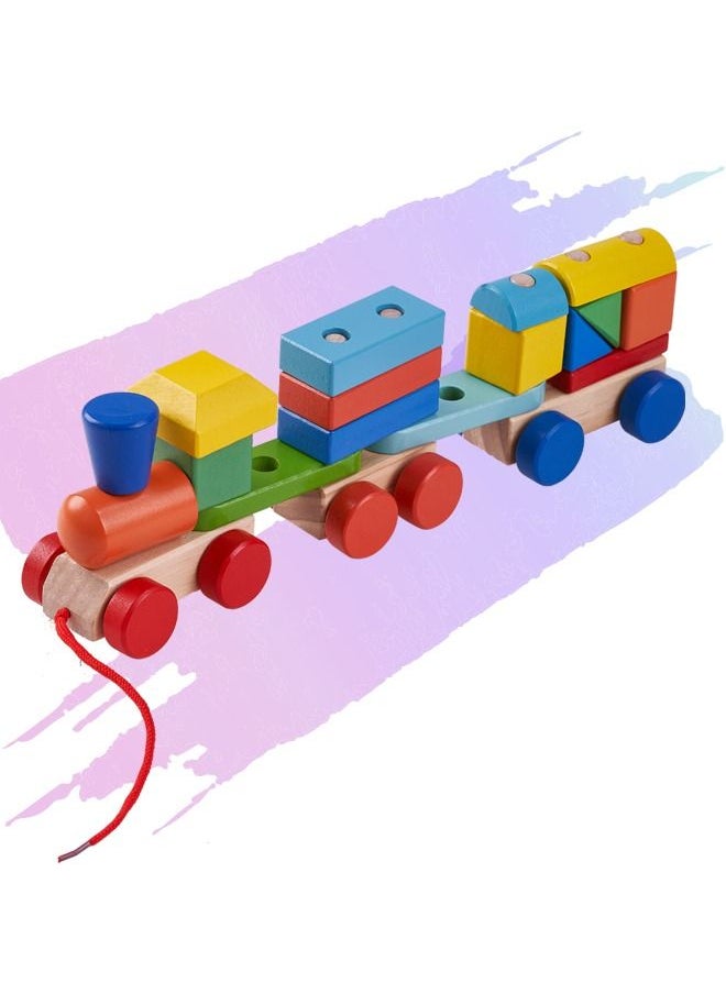 BAYBEE - Wooden Push N Pull Toys Train Set For Kids With Shape And Colour Sorting Stacking Wood Blocks Learning Educational Toy Trains Vehicle For 2+ Years - Image 1
