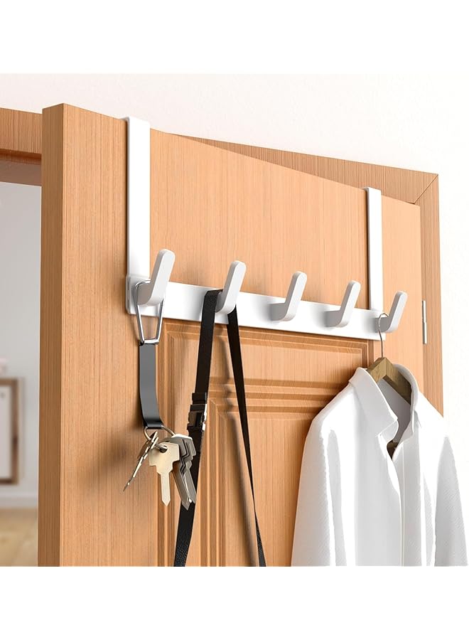 promass Over the Door Hook Rack with 5 Hooks, Versatile Door Hanger for Coats, Towels, Bags, Keys, Ideal for Bathroom, Bedroom, Behind Back of Door, White - Image 1