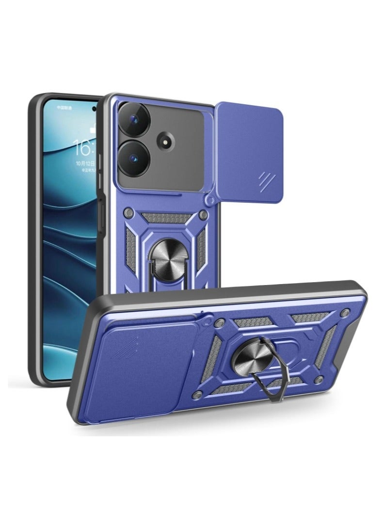 for realme C61 4G/ C63 4G Case Cover, Slide Camera Lens Cover, Magnetic Ring Holder Kickstand Protective Phone Case for realme C61 4G/ C63 4G, Blue