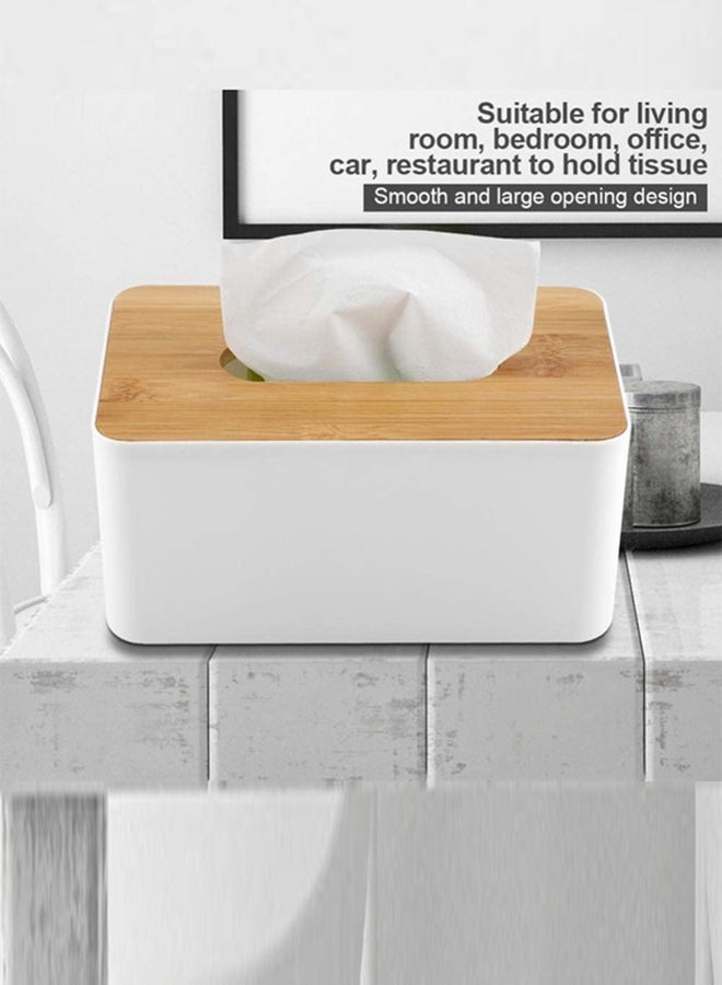 Plastic Rectangular Shape Facial Tissue Box With Bamboo Cover White 23x13x10cm - Image 2