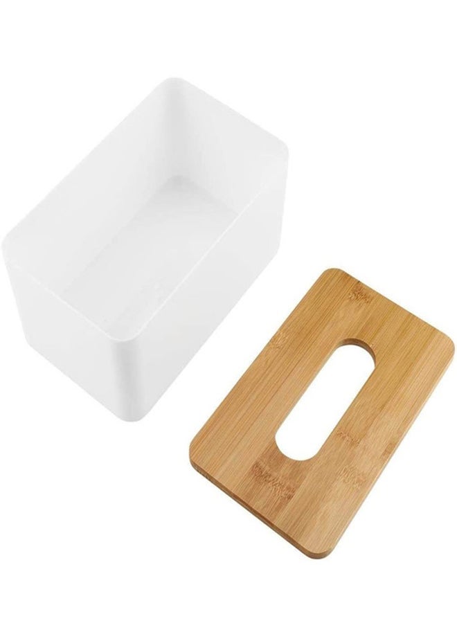Plastic Rectangular Shape Facial Tissue Box With Bamboo Cover White 23x13x10cm - Image 4