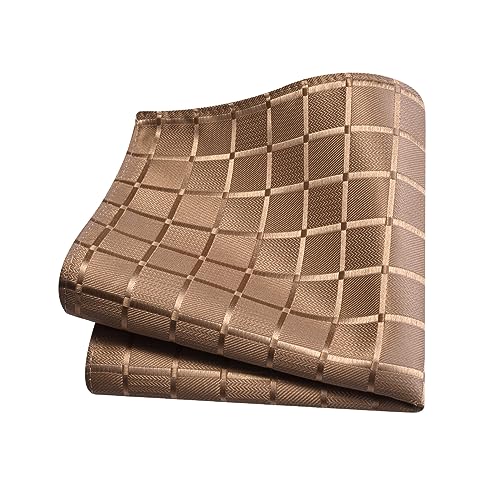 GUSLESON Khaki Mens Plaid Checkered Wedding Necktie Pocket Square Cufflinks and Lapel Pin Brooch Set (IN6104-01) - Image 4