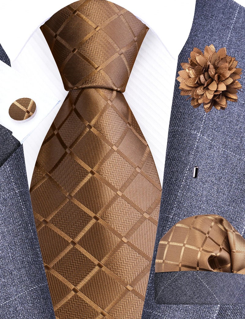 GUSLESON Khaki Mens Plaid Checkered Wedding Necktie Pocket Square Cufflinks and Lapel Pin Brooch Set (IN6104-01) - Image 2