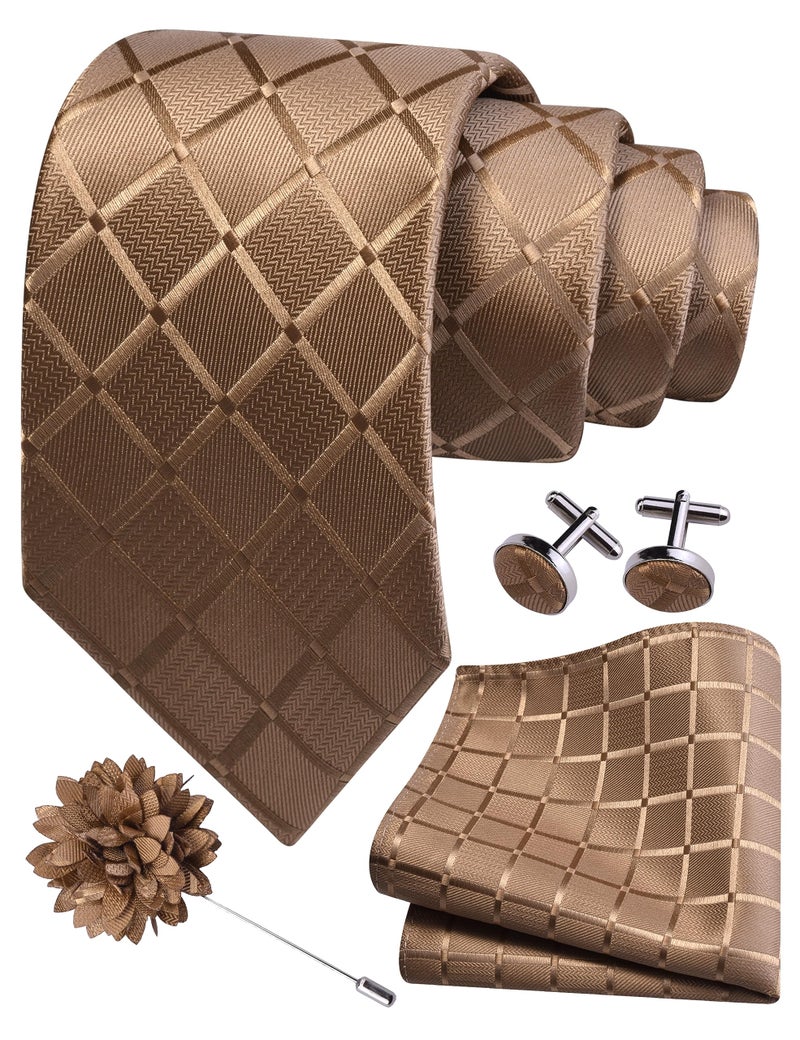 GUSLESON Khaki Mens Plaid Checkered Wedding Necktie Pocket Square Cufflinks and Lapel Pin Brooch Set (IN6104-01) - Image 1