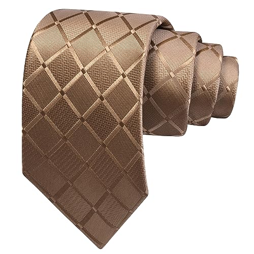 GUSLESON Khaki Mens Plaid Checkered Wedding Necktie Pocket Square Cufflinks and Lapel Pin Brooch Set (IN6104-01) - Image 3