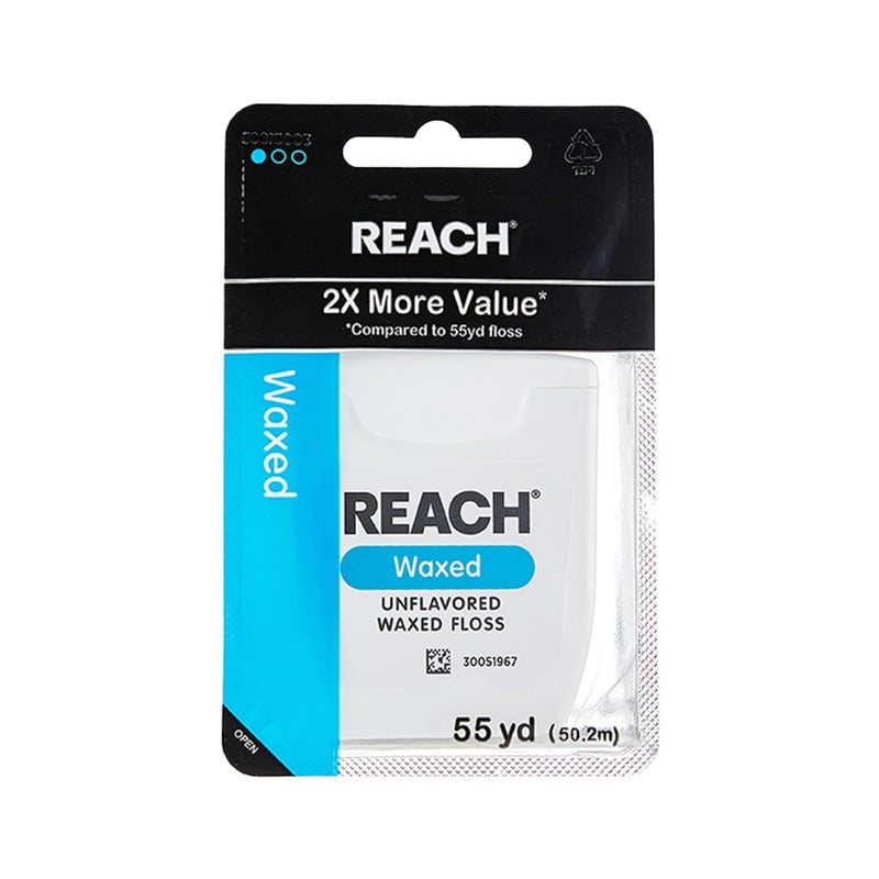 REACH Waxed Dental Floss,Unflavored, Plaque Remover for Teeth, Shred Resistant, Floss Slides Smoothly, Easy to Use, Waxed, Deep Cleaning Teeth, Oral Care, PFAS Free, for Adults & Kids, 1 Pack, 55 yd - Image 1