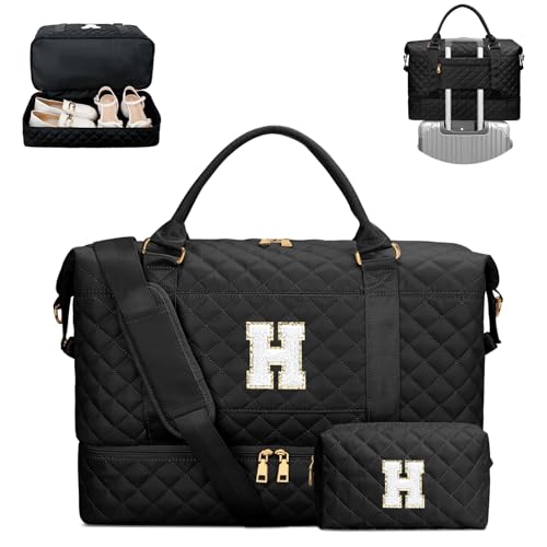 CLOUDWINGS Gifts for Women Girls Initial Travel Duffle Bag Quilted Weekender Bags CarryOn Overnight with Cosmetic Bag Gym Bag with Shoe Compartment Black H - Image 1