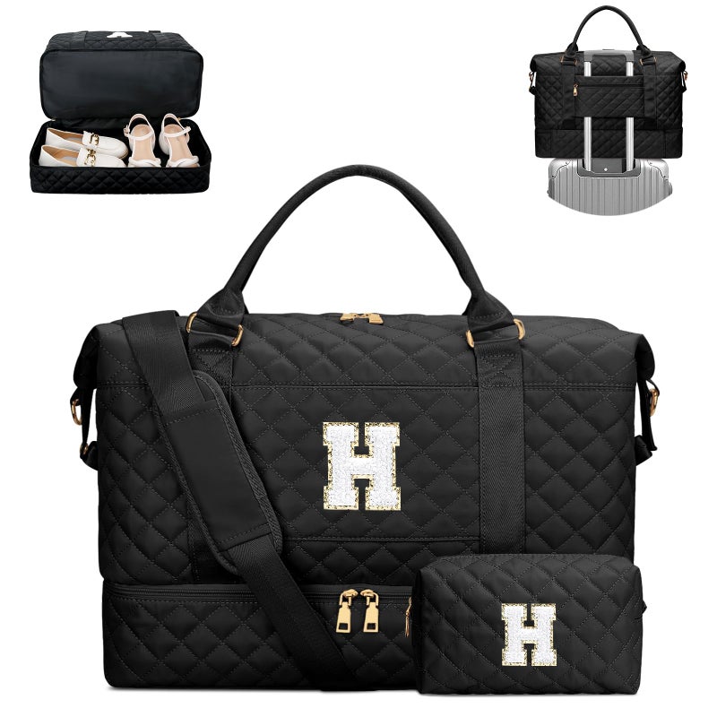 CLOUDWINGS Gifts for Women Girls Initial Travel Duffle Bag Quilted Weekender Bags CarryOn Overnight with Cosmetic Bag Gym Bag with Shoe Compartment Black H - Image 2