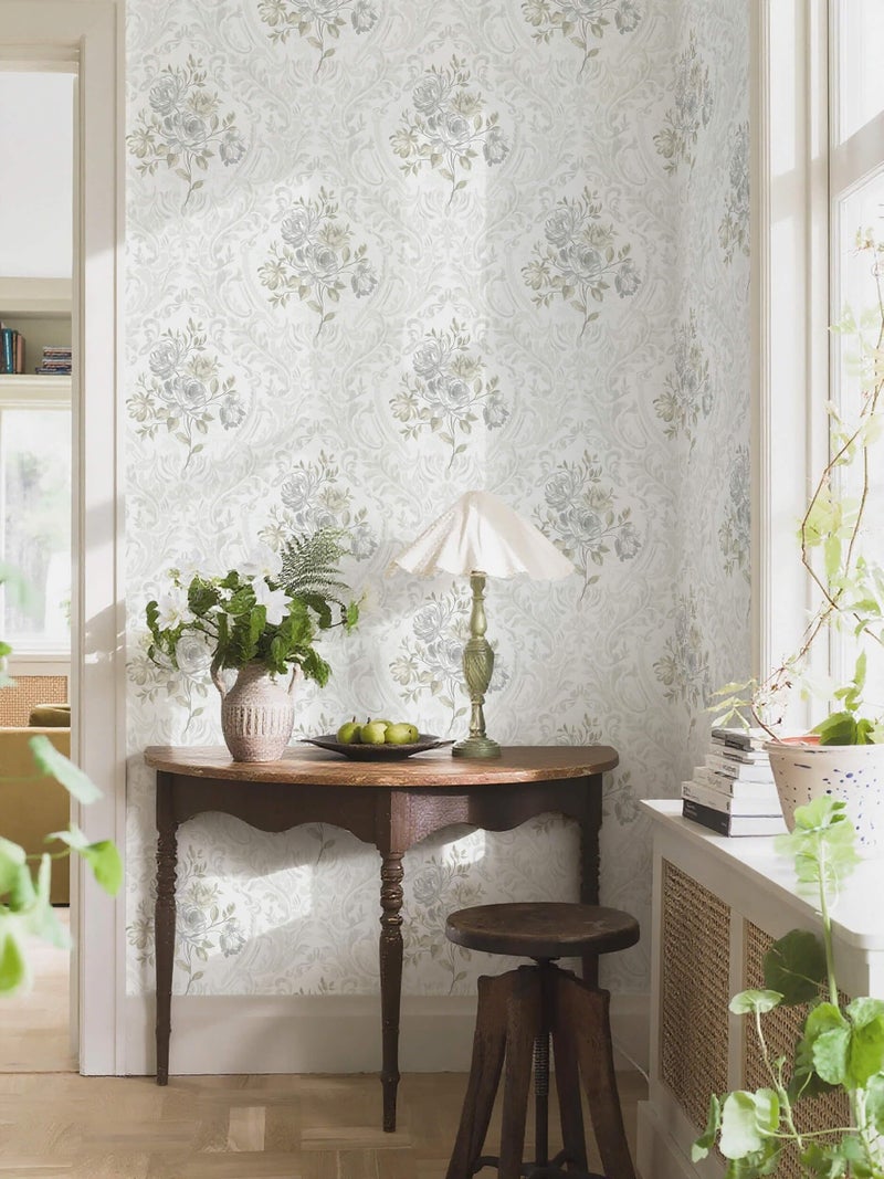 Ismoon Floral Peel and Stick Wallpaper Vintage White and Grey Contact Paper Boho Watercolor Damask Wallpaper Textured Removable Self Adhesive Vinyl Wall Paper for Bedroom, 17.3 in X 6.5 ft - Image 4
