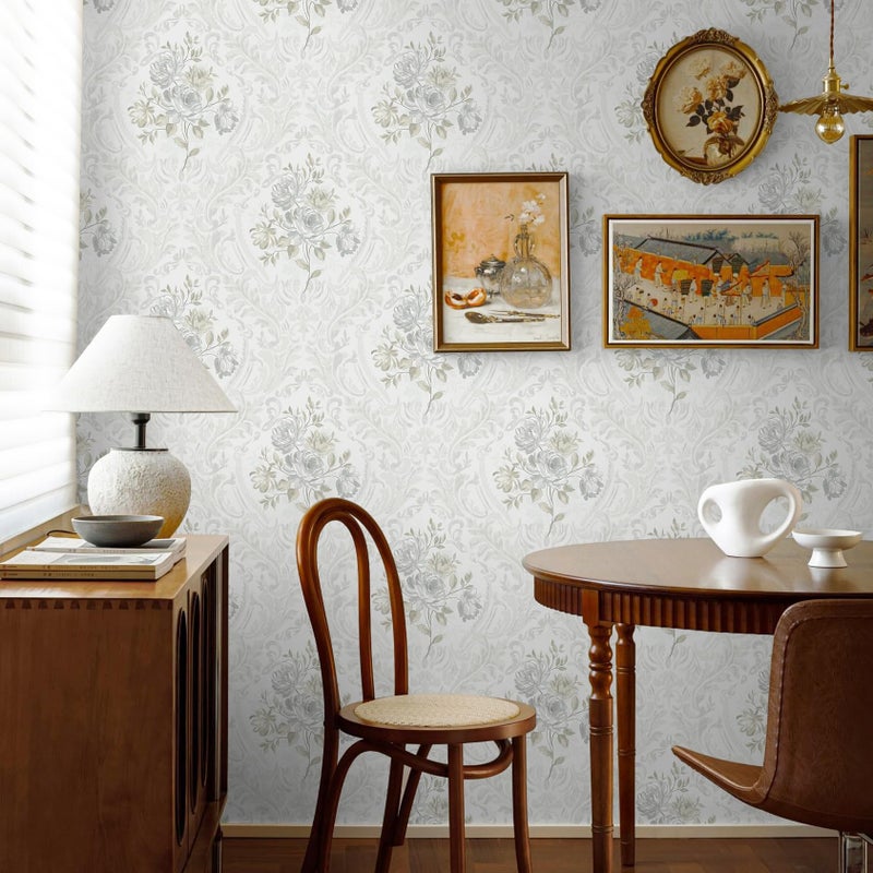Ismoon Floral Peel and Stick Wallpaper Vintage White and Grey Contact Paper Boho Watercolor Damask Wallpaper Textured Removable Self Adhesive Vinyl Wall Paper for Bedroom, 17.3 in X 6.5 ft - Image 5