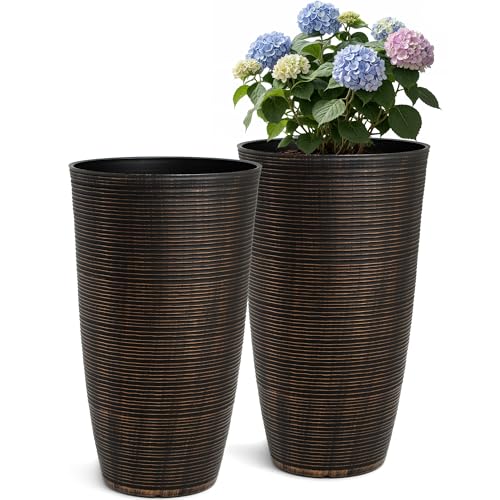 Ultym 23.5"H Tall Pot Planters, 2-Pack Taper Large Flower Pots for Indoor Outdoor Use, UV-Protect PP Plant Container for Garden Patio Yard Balcony Porch or Home Decor, Bronze Vertical Stripes Texture - Image 1