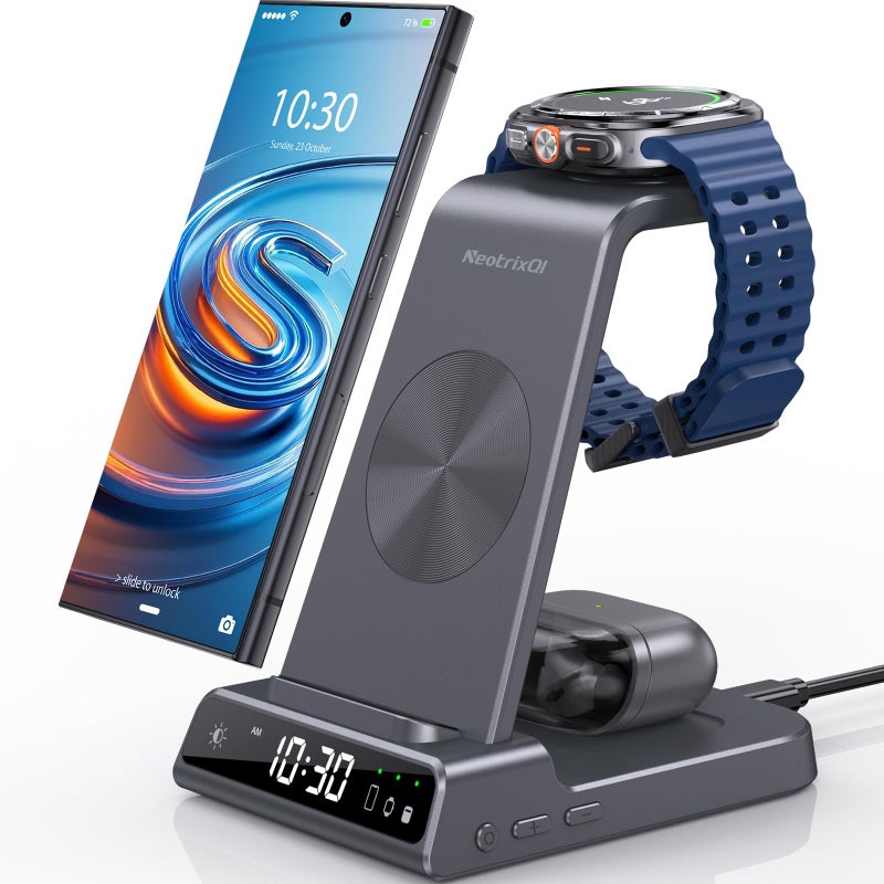 NeotrixQI Wireless Charger for Samsung Charging Station 3 in 1 Android Charging Stand with Dimmable Clock Nightstand Organizer for Galaxy S25 Ultra Galaxy Watch 8 7 6 5 4 Galaxy Buds Not for iWatch - Image 2