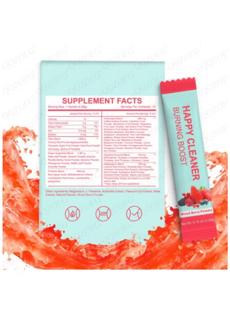 Day Wins Happy Cleaner Gut Health Superfoods Powder Single Pack Berry Flavor with Probiotic Prebiotic Plant-Based Fiber for Gut Balance Bloating Relief Vegan Sugar Free Drink Mix 14 Packets - Image 5