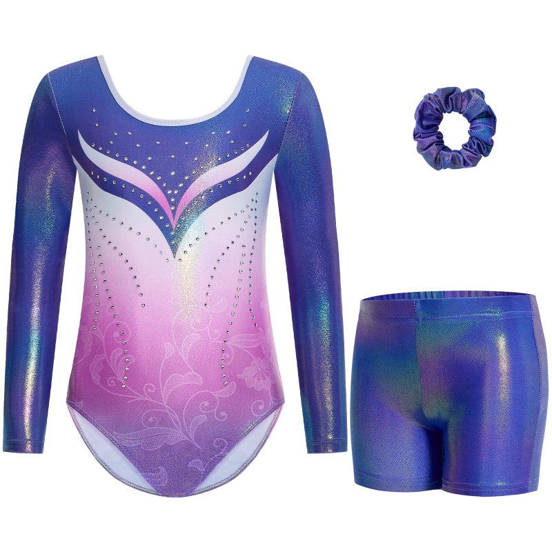 Gogokids Gymnastics Leotards for Girls Sparkly Rhinestone 3/4 Sleeve 3 PCS Ballet Outfit Sets Dancewear, Purple(110/5-6 Years) - Image 1