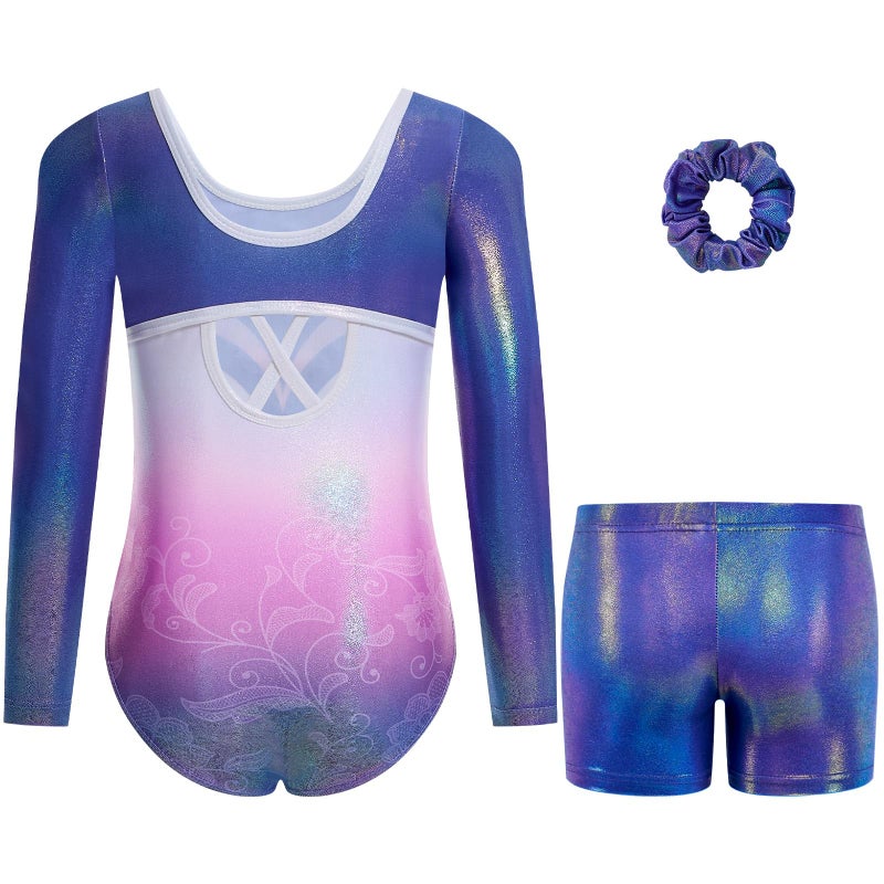 Gogokids Gymnastics Leotards for Girls Sparkly Rhinestone 3/4 Sleeve 3 PCS Ballet Outfit Sets Dancewear, Purple(110/5-6 Years) - Image 2