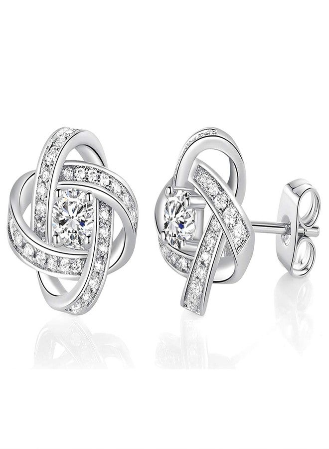 MDFUN Love Knot Earrings 18K White Gold Plated Flower Stud Earrings for Women Cubic Zirconia Earrings - Image 1