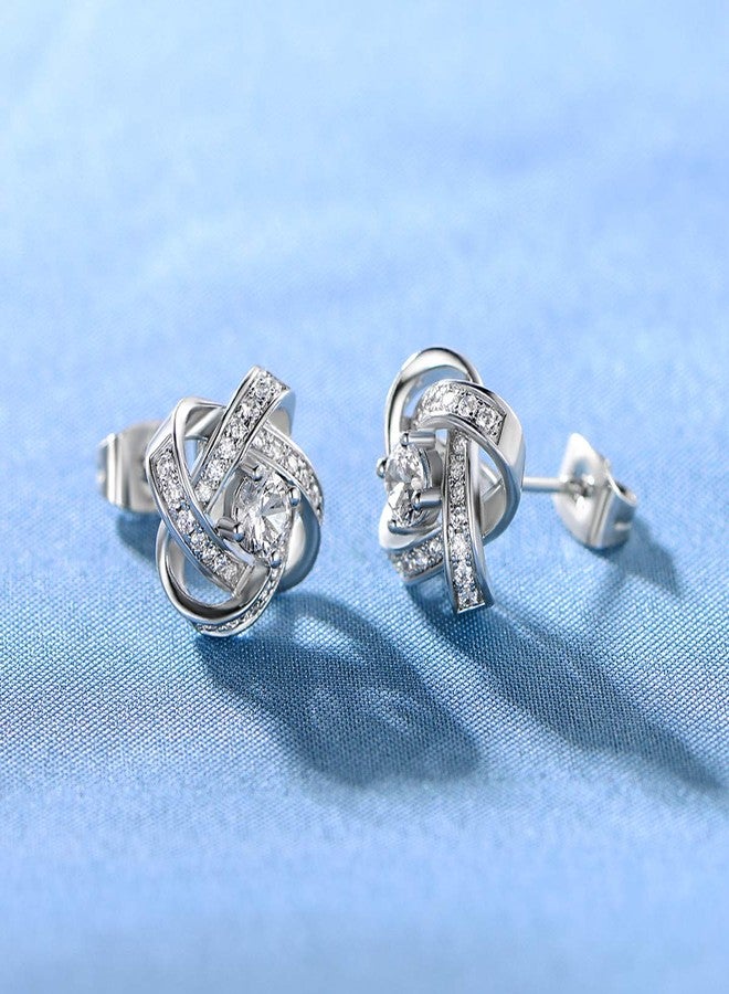 MDFUN Love Knot Earrings 18K White Gold Plated Flower Stud Earrings for Women Cubic Zirconia Earrings - Image 4