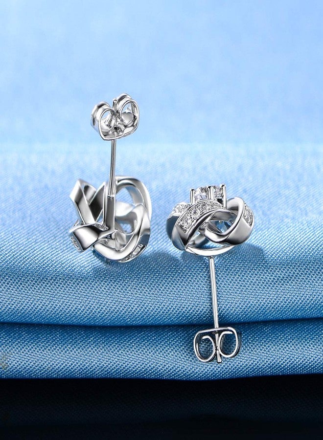 MDFUN Love Knot Earrings 18K White Gold Plated Flower Stud Earrings for Women Cubic Zirconia Earrings - Image 5