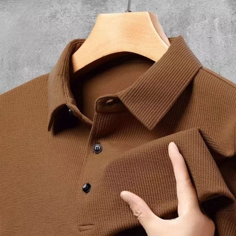 2024 cross border polo shirt lapel long sleeve mens fashion lapel embroidery business casual long sleeve T-shirt spring Brown  - Image 1