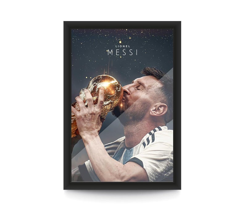 FRAMEO STORE Lionel Messi World Cup Poster Glass frame Lionel Messi World Cup Trophy wall art framed poster A4 size 8 X 12 Inches - Image 1