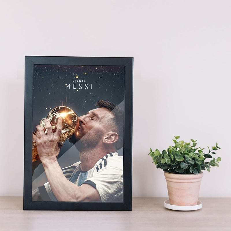 FRAMEO STORE Lionel Messi World Cup Poster Glass frame Lionel Messi World Cup Trophy wall art framed poster A4 size 8 X 12 Inches - Image 2