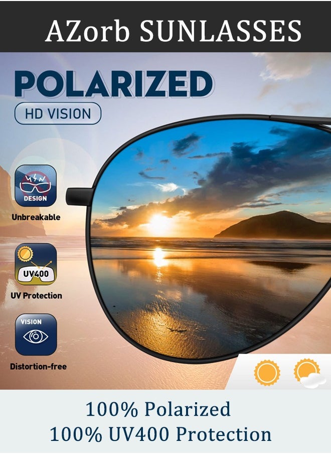 AZorb Polarized Sunglasses Men Women Metal Frame Shades Aviator Men's Sun Eye Glasses UV400 Protection For Fishing Driving Travelling Black  - Image 3