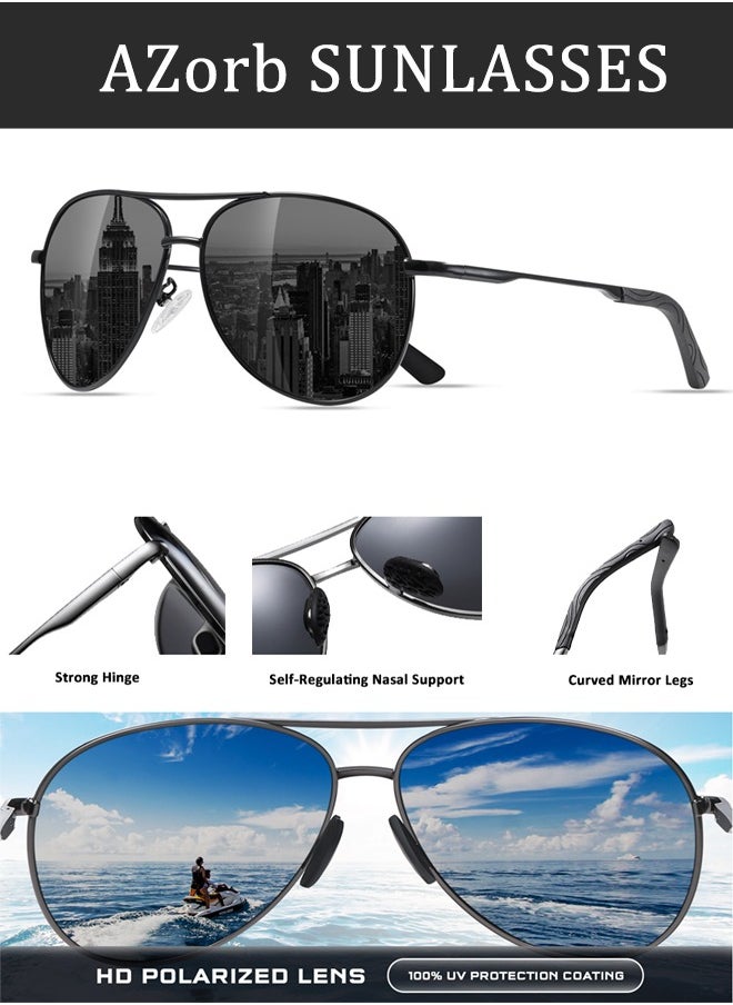 AZorb Polarized Sunglasses Men Women Metal Frame Shades Aviator Men's Sun Eye Glasses UV400 Protection For Fishing Driving Travelling Black  - Image 4