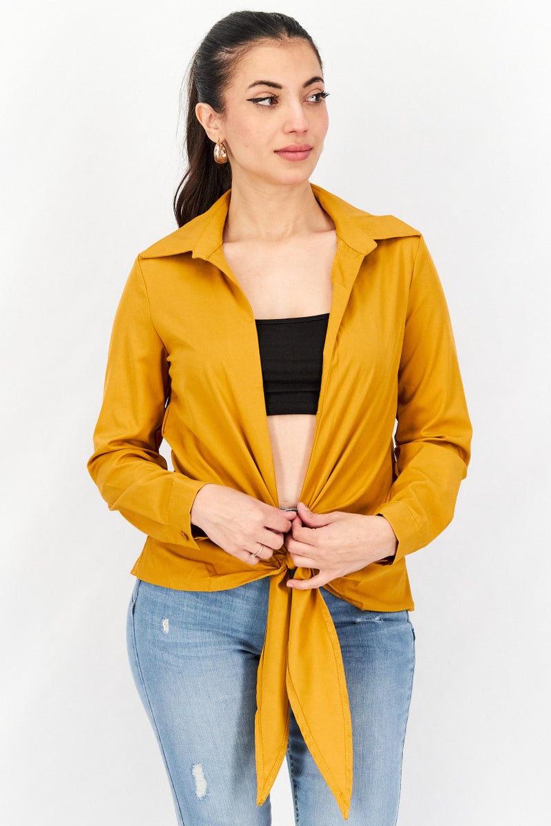 FEMME LUXE Women Split Neck Long Sleeve Plain Wrap Top, Mustard - Image 1