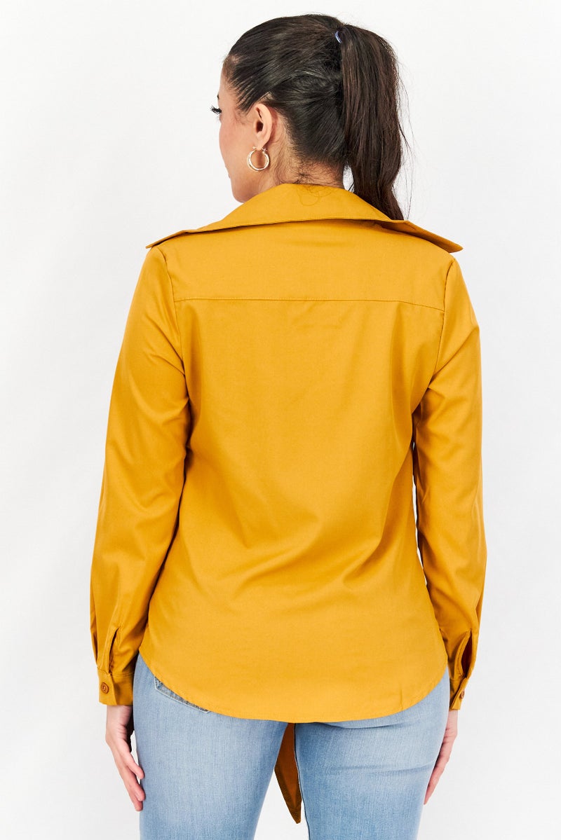 FEMME LUXE Women Split Neck Long Sleeve Plain Wrap Top, Mustard - Image 3