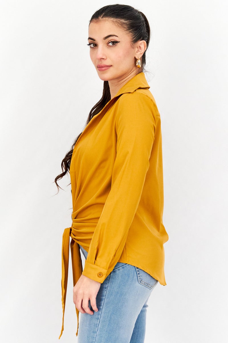 FEMME LUXE Women Split Neck Long Sleeve Plain Wrap Top, Mustard - Image 4