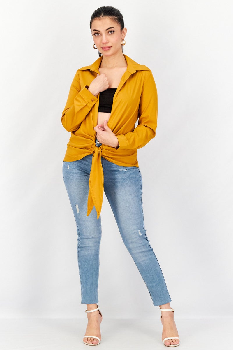 FEMME LUXE Women Split Neck Long Sleeve Plain Wrap Top, Mustard - Image 2