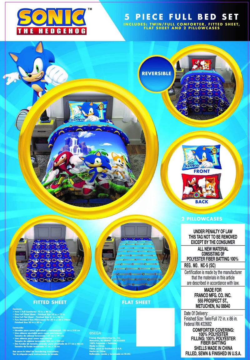 Franco Kids Bedding Super Soft Comforter and Sheet Set, 5 Piece Full Size, Sonic The Hedgehog, Anime - Image 2