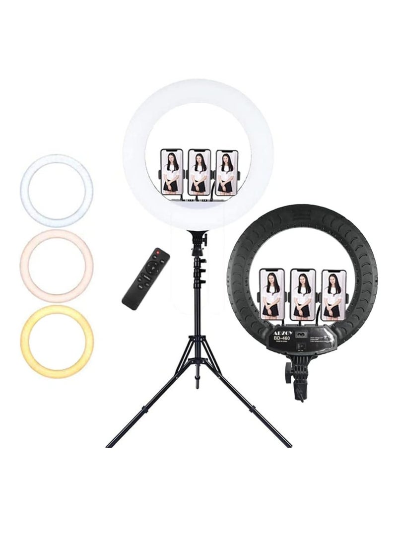 Generic - LED Ring Light with 3 Dimmable Color Modes for YouTube, Photo Shooting, Video, Live Streaming, Makeup, Vlogging, Compatible with iPhone/Android, 3 Holders + Remote Control (46cm Ring + Holder) - Image 1