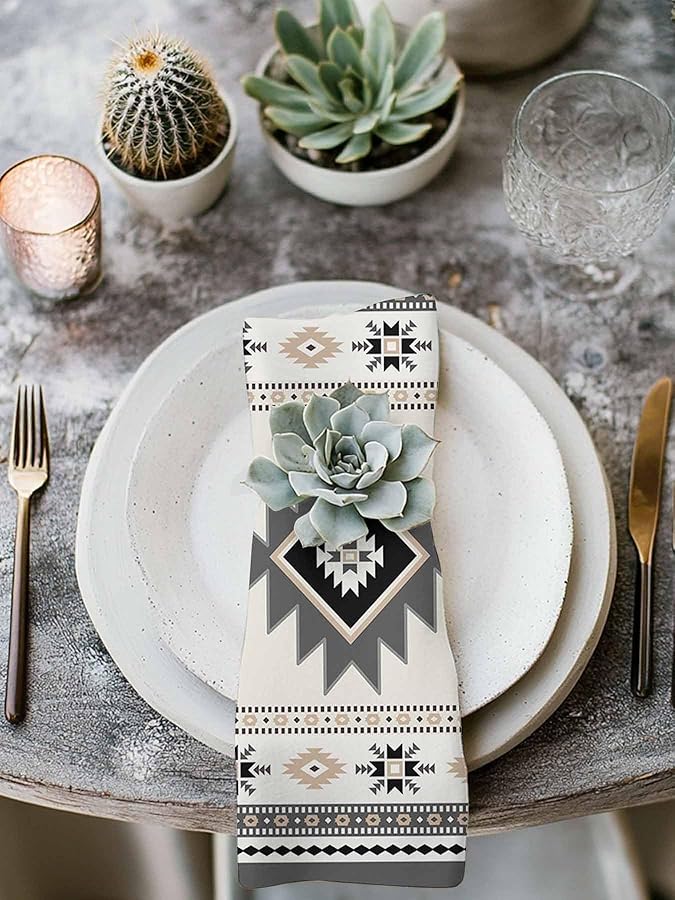 Gray Beige Aztec Geometric Cloth Napkins Set of 6 20x20 Inch Washable Reusable for Kitchen Wedding Party - Image 4