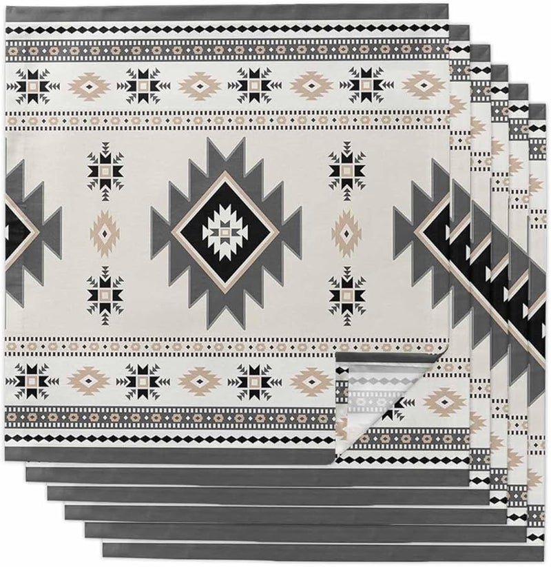 Gray Beige Aztec Geometric Cloth Napkins Set of 6 20x20 Inch Washable Reusable for Kitchen Wedding Party - Image 1