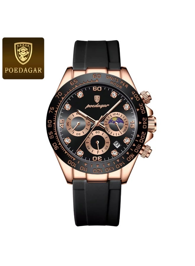 POEDAGAR 629 Men’s Luxury Sport Watch – Stainless Steel Chronograph Quartz with Luminous Date & Waterproof Golden Black - Image 1