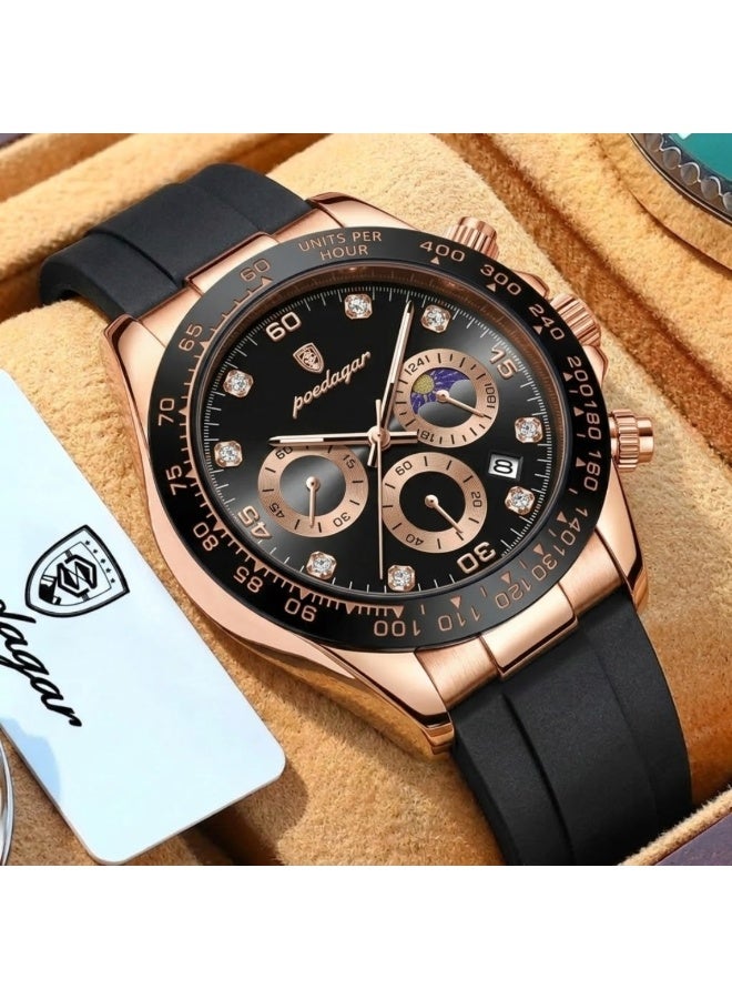 POEDAGAR 629 Men’s Luxury Sport Watch – Stainless Steel Chronograph Quartz with Luminous Date & Waterproof Golden Black - Image 2