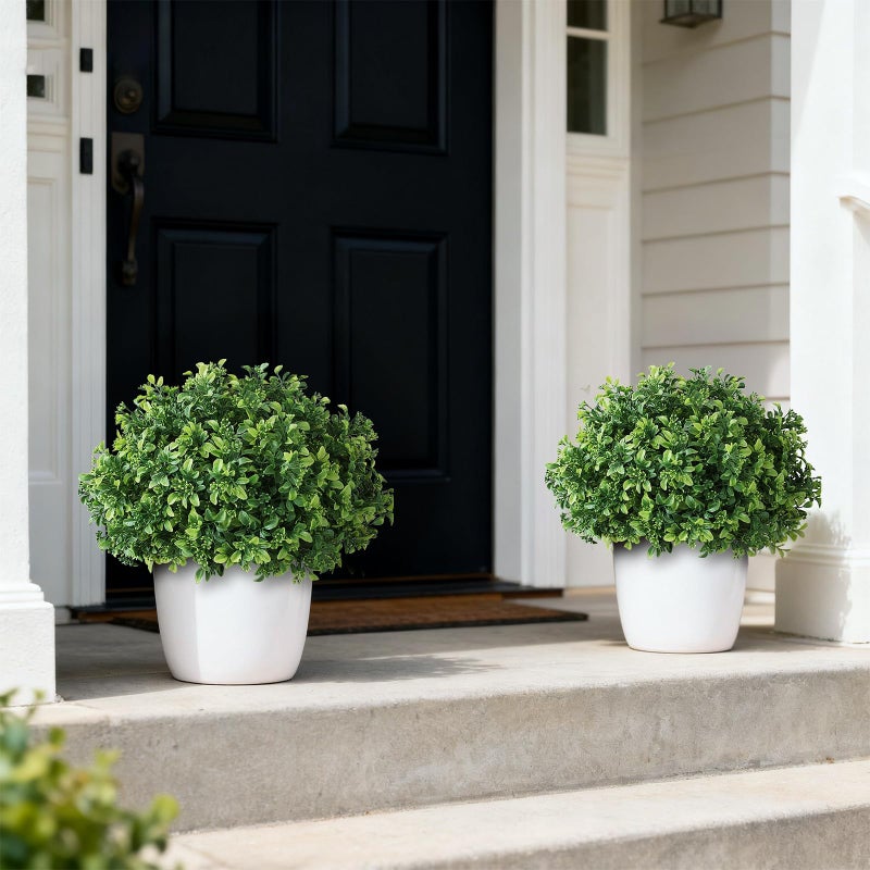 FOTEEWL Set of 2 Artificial Boxwood Topiary Ball Trees for Front Door - Realistic Faux Aglaia Odorata Bush with Pot, Fake Eucalyptus Leaves Potted Plants for Porch Farmhouse Outdoor Decor (Green) - Image 3