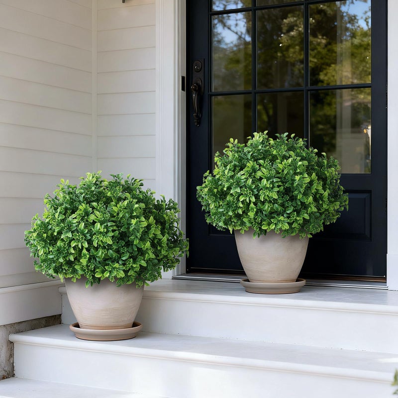 FOTEEWL Set of 2 Artificial Boxwood Topiary Ball Trees for Front Door - Realistic Faux Aglaia Odorata Bush with Pot, Fake Eucalyptus Leaves Potted Plants for Porch Farmhouse Outdoor Decor (Green) - Image 2