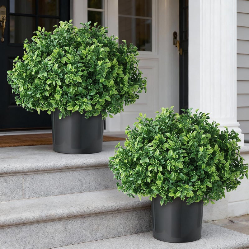 FOTEEWL Set of 2 Artificial Boxwood Topiary Ball Trees for Front Door - Realistic Faux Aglaia Odorata Bush with Pot, Fake Eucalyptus Leaves Potted Plants for Porch Farmhouse Outdoor Decor (Green) - Image 1