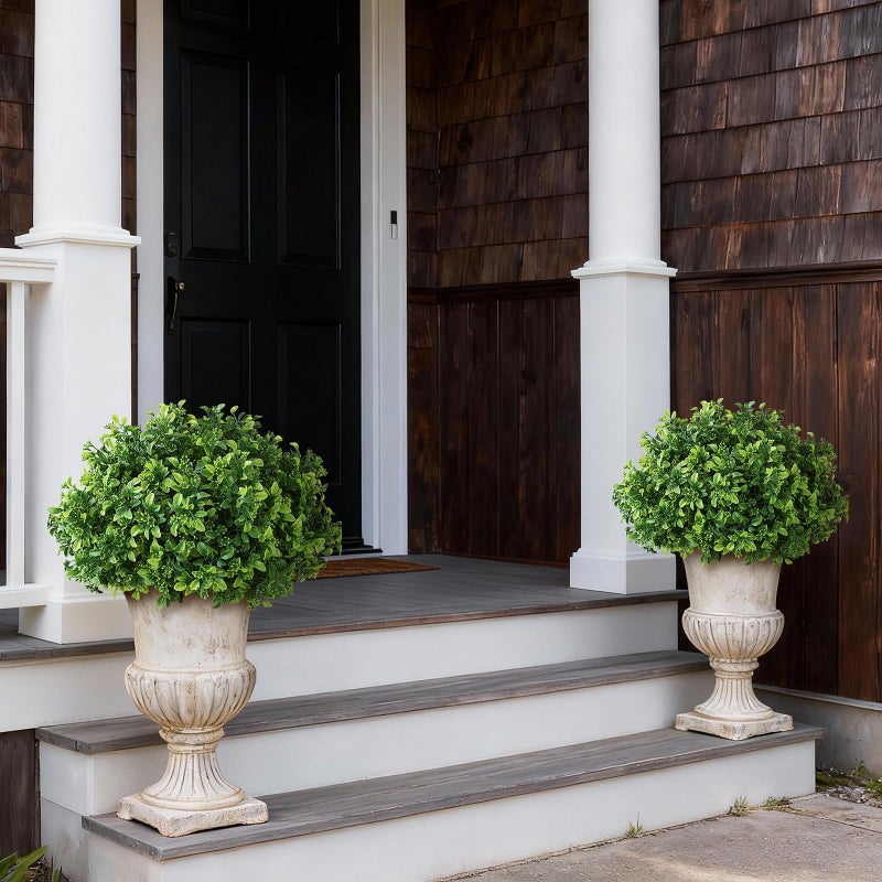 FOTEEWL Set of 2 Artificial Boxwood Topiary Ball Trees for Front Door - Realistic Faux Aglaia Odorata Bush with Pot, Fake Eucalyptus Leaves Potted Plants for Porch Farmhouse Outdoor Decor (Green) - Image 4